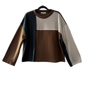 Ces Femme Colorblock Long Sleeve Top - Brown, Black, Cream NWOT